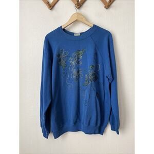 Vtg 80s Hanes hand puff painted blue floral‎ mom sweatshirt M/L